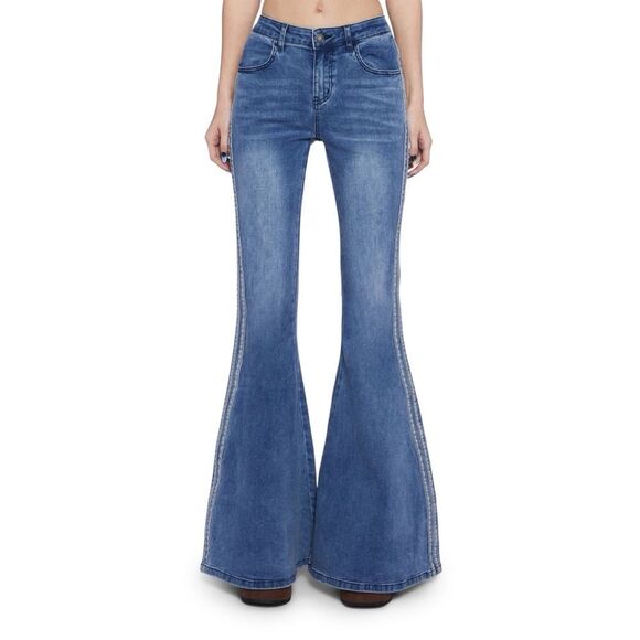 dELiA*s Denim - DELIA*S TOTALLY TRIPPIN FLARED SIDE STRIPE STRETCH JEANS Y2K SIZE MEDIUM